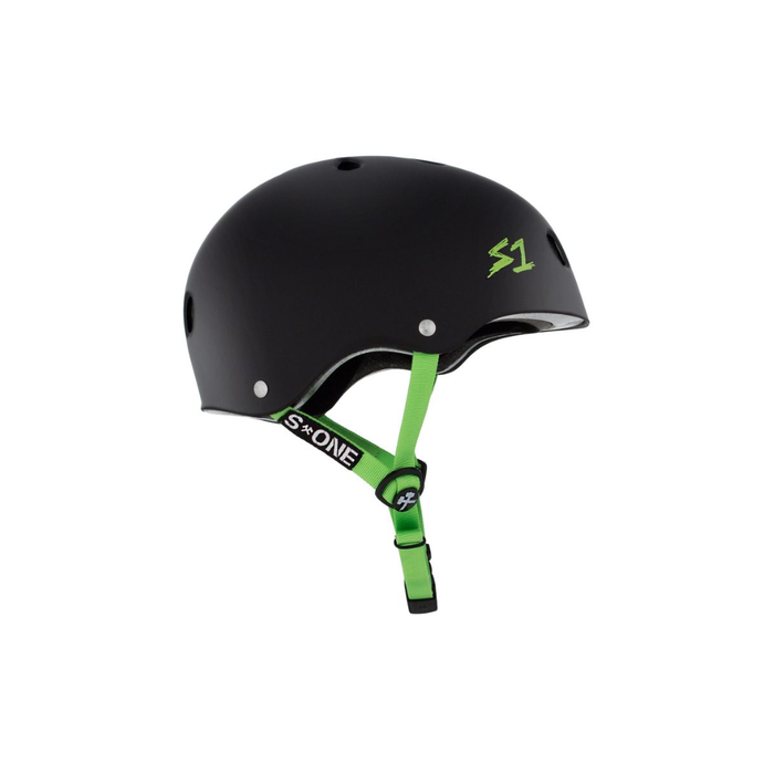 Full side view of the S1 helmet in matte black with bright green straps on a white background @color_black matte w/ bright green straps