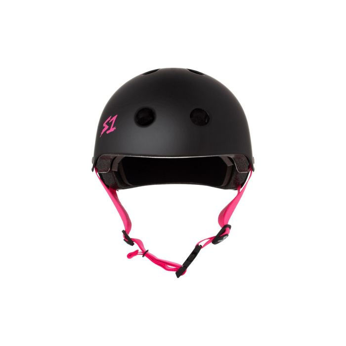 Full front view of the S1 helmet in matte black with pink straps on a white background @color_black matte w/ pink straps