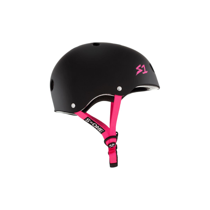 Full side view of the S1 helmet in matte black with pink straps on a white background @color_black matte w/ pink straps
