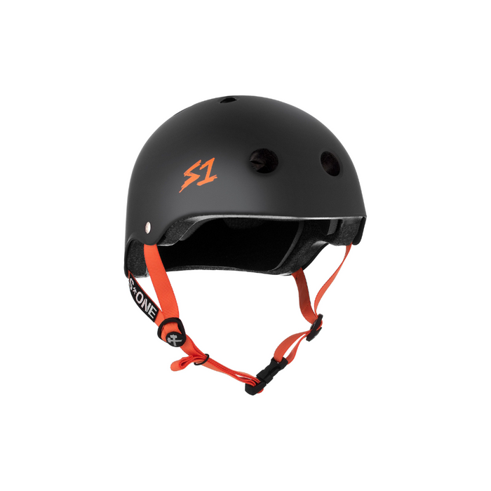 Slight side view of the S1 helmet in matte black with orange straps on a white background @color_black matte w/ orange straps