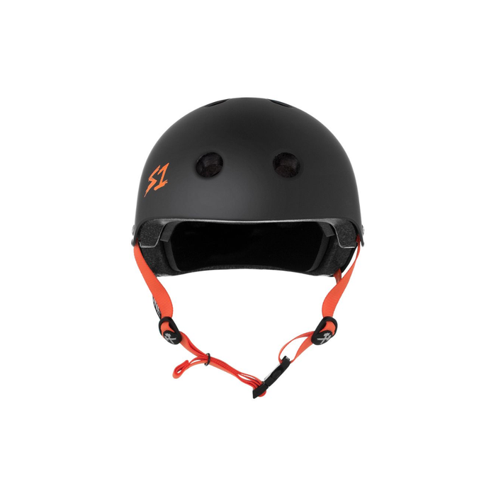 Full front view of the S1 helmet in matte black with orange straps on a white background @color_black matte w/ orange straps