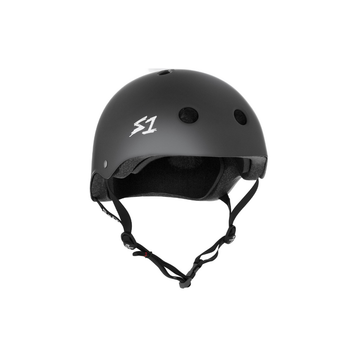 Slight side view of the S1 Mega Lifer helmet in dark grey matte on a white background @color_dk. grey matte