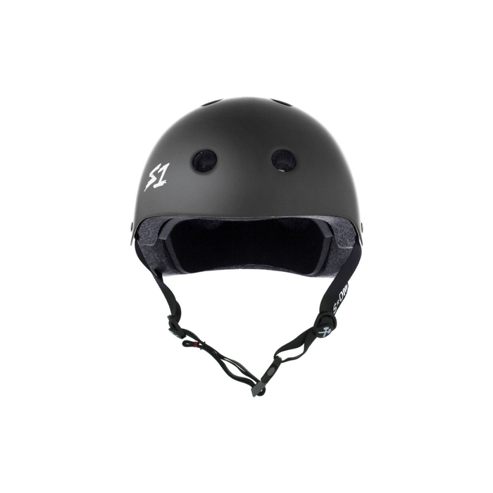 Full front view of the S1 Mega Lifer helmet in dark grey matte on a white background @color_dk. grey matte