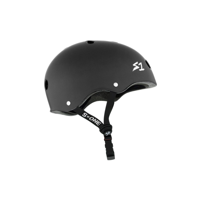Full side view of the S1 Mega Lifer helmet in dark grey matte on a white background @color_dk. grey matte
