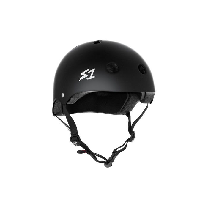 Slight side view of the S1 Mega Lifer helmet in black matte on a white background @color_black matte