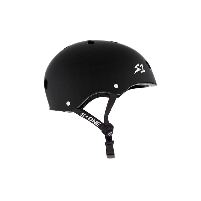 Full side view of the S1 Mega Lifer helmet in black matte on a white background @color_black matte