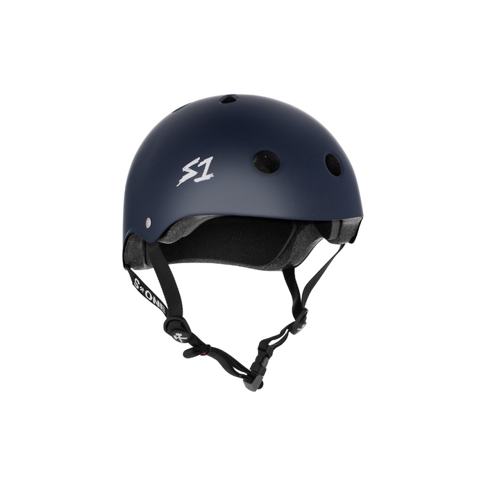 Slight side view of the S1 Mega Lifer helmet in navy matte on a white background @color_navy matte