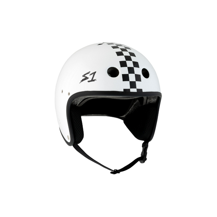 Slight side view of the S1 Retro Lifer E-Bike helmet in white gloss with checkers @color_white gloss w/ checkers