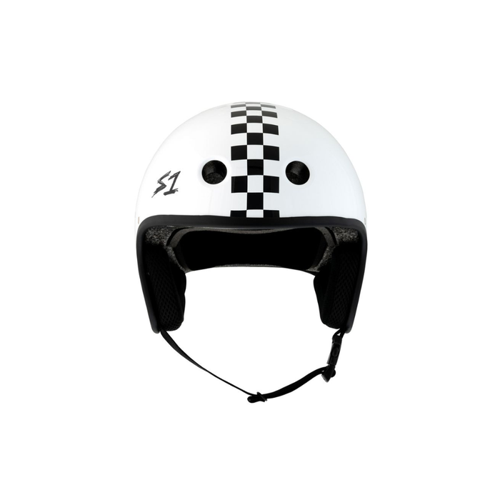 Full front view of the S1 Retro Lifer E-Bike helmet in white gloss with checkers @color_white gloss w/ checkers