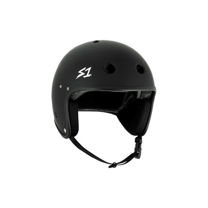 Slight side view of the S1 Retro Lifer E-Bike helmet in black matte @color_black matte