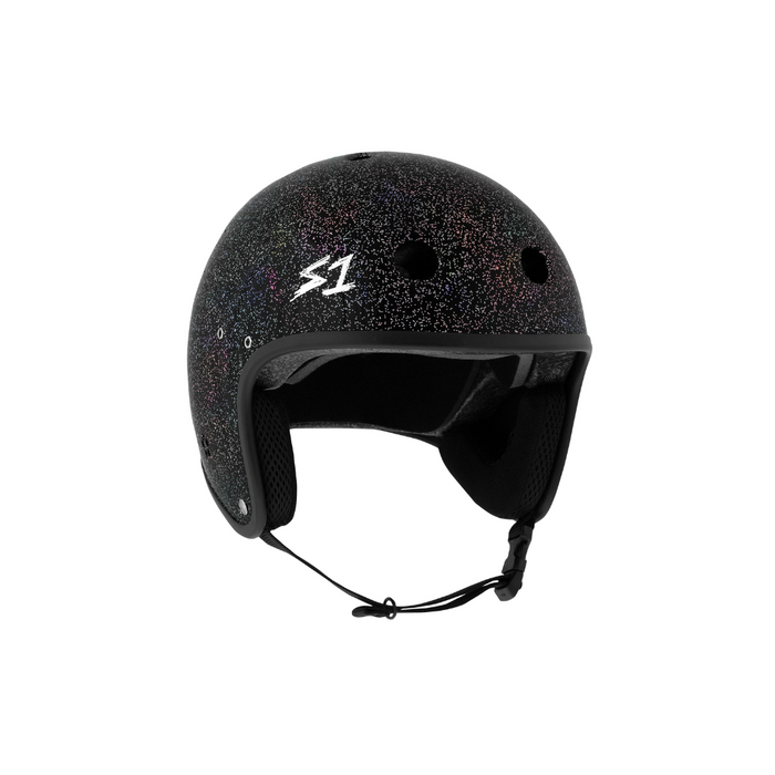 Slight side view of the S1 Retro Lifer E-Bike helmet in black gloss glitter @color_black gloss glitter