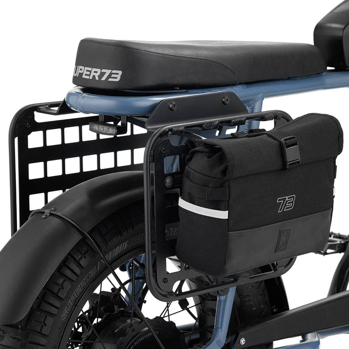 Side angle view of S2 Side Rack with attached chrome bagon Super73 ebike set to white background.