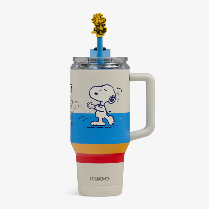 Front View | Snoopy Disco Party 32 Oz Travel Mug::::Woodstock dancing straw topper