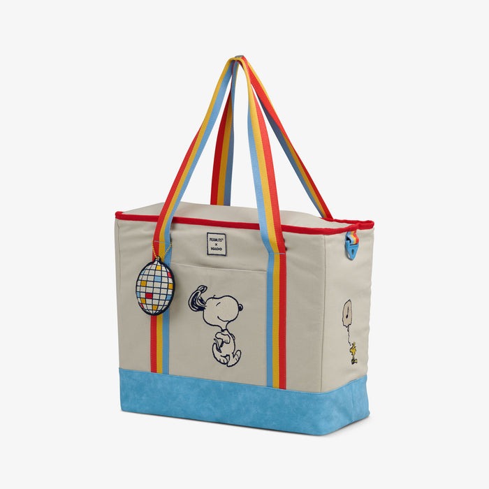 Angle View | Snoopy Disco Party Dual Compartment Tote Cooler Bag::::Detachable embroidered keychain