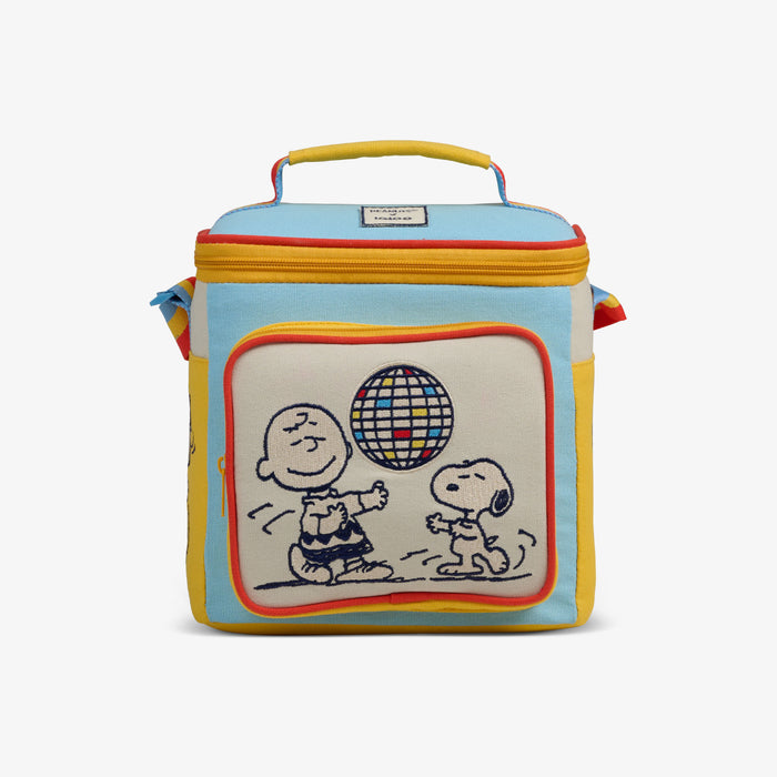 Front View | Snoopy Disco Party Square Lunch Cooler Bag::::Embroidered Snoopy & Charlie Brown