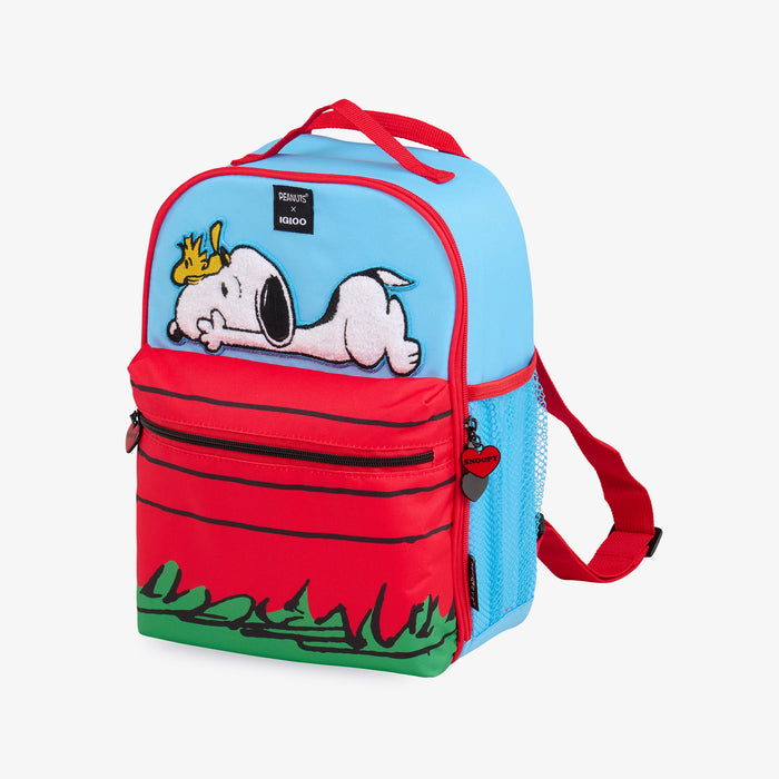 Angle View | Snoopy Mini Convertible Backpack Cooler::::Snoopy zipper pulls