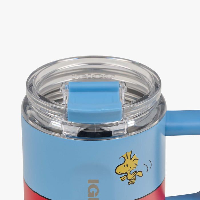 Lid Closed View | Snoopy’s Doghouse 15 Oz Coffee Mug::::Leakproof flip ‘n’ sip lid