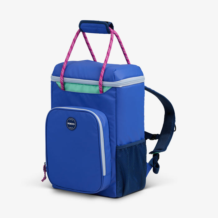 Angle View | Summit 24-Can Backpack::Electric Indigo::Storage pockets
