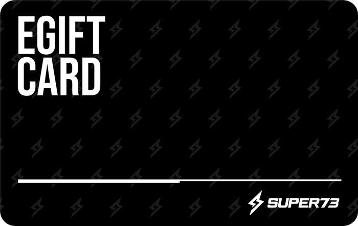 A digital eGift Card with a black background featuring the text 'EGIFT CARD' in large white letters and the SUPER73 logo at the bottom.