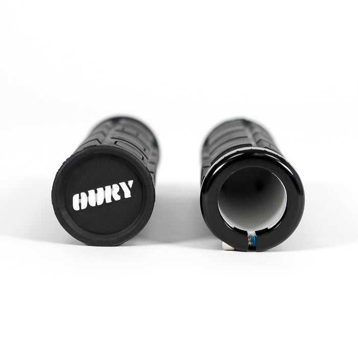 Side view of pair of SUPER73 x Oury Single-Sided Locked-On V2 Grips on white background. @color_jet black