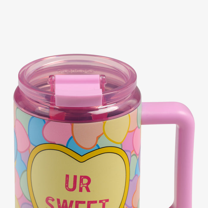 Lid Closed View | Sweethearts® Candies 32 Oz Travel Mug::::Leakproof lid & leak-resistant straw