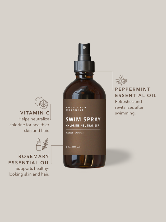 Natural Swim Spray with vitamin C, peppermint, and rosemary essential oils to help neutralize chlorine and protect skin and hair.