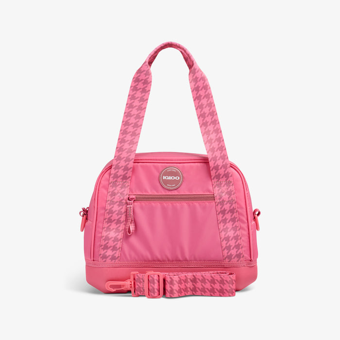 Front View | Tag Along Too 12-Can Satchel Cooler::Thrift Pink::Water-resistant exterior