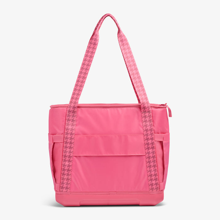 Back View | Tag Along Too 36-Can Tote Cooler::Thrift Pink::Trolley pass-through sleeve