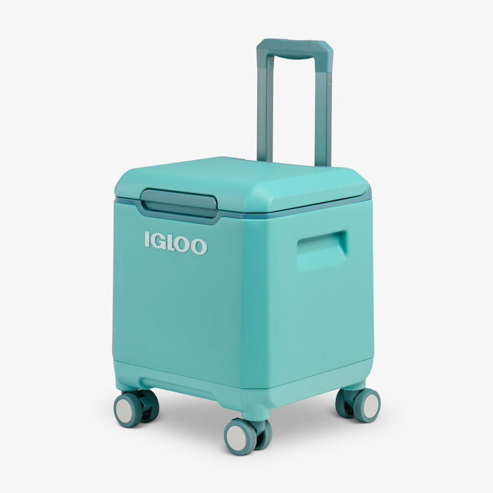 Angle View | Tag Along Too Spinner Cooler::Lagoon Teal::Telescoping handle