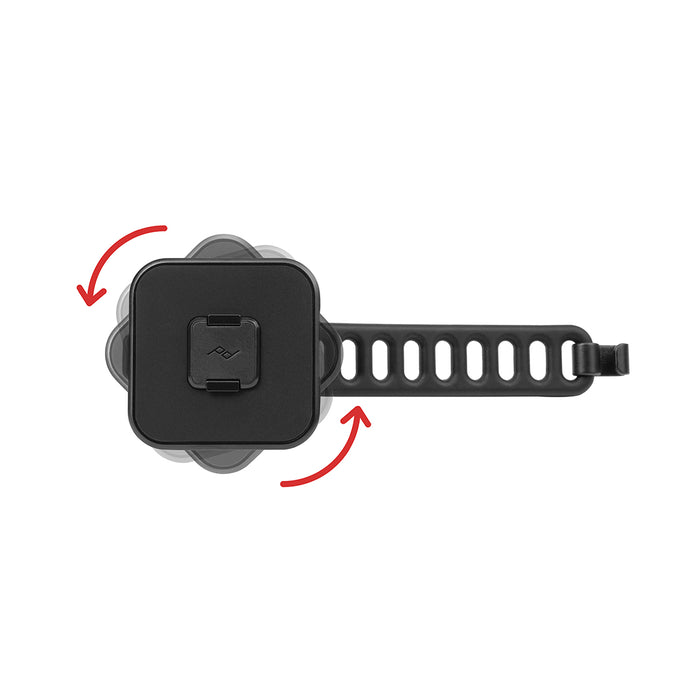 Alternate view of the Universal Bar Mount against a white background. Arrows are drawn to indicate the face of the mount can be rotated.