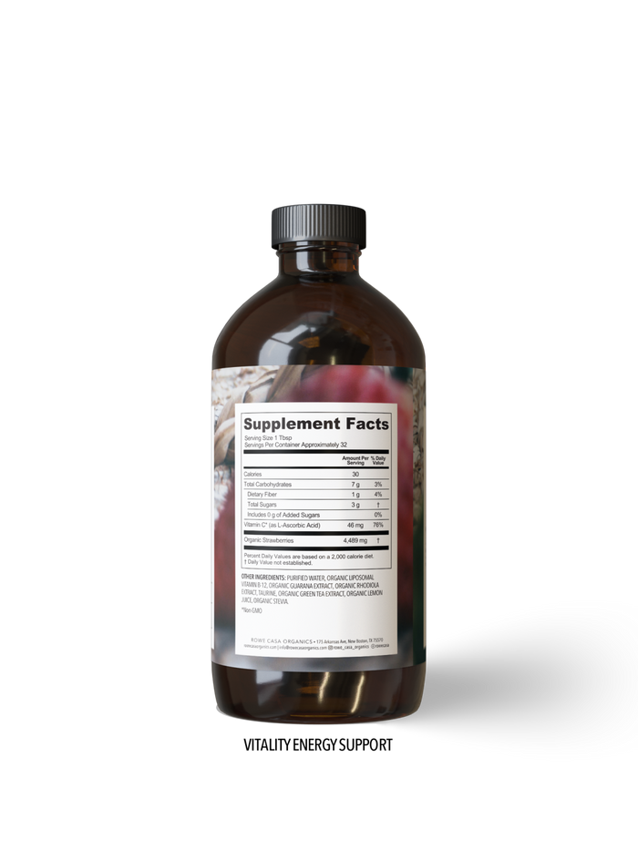 Supplement Facts for Vitality Energy Support with Vitamin B12, vitamin C, organic strawberries, Rhodiola, taurine, and guarana.