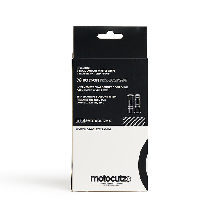 Back side of the packaging for the MotoCutz Mid Flange Bolt-On Grips in White Dye