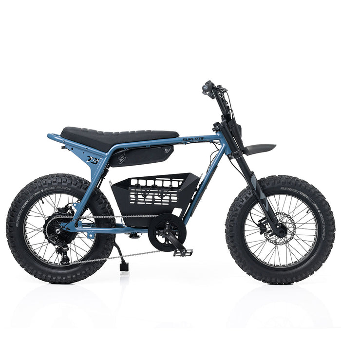 Side view of a SUPER73-ZX ebike with the ZX & Z Adventure In-Frame Basket installed
