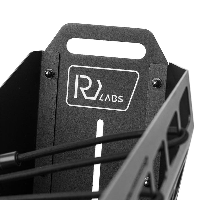 Close-up detail image of the IrvLabs branding on the ZX & Z Adventure In-Frame Basket on a white backround